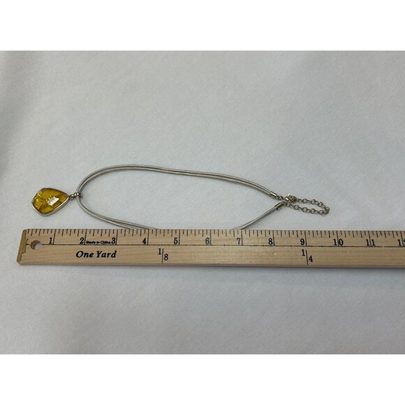 Yellow Glass Pendant Necklace With Silver Tone Trim Adjustable Cord - Picture 5 of 8